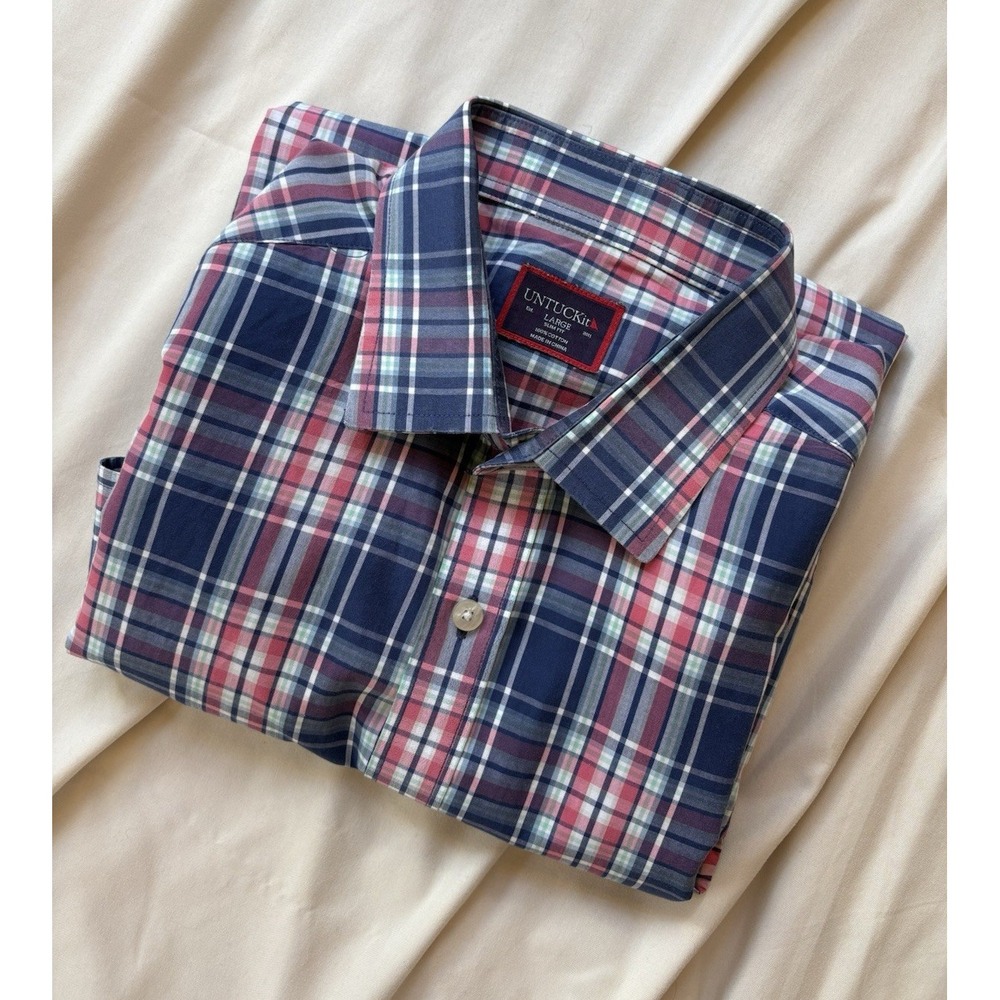 UNTUCKit Mens Large Slim Fit Plaid Button Down Shirt Navy Red Long Sleeve Cotton